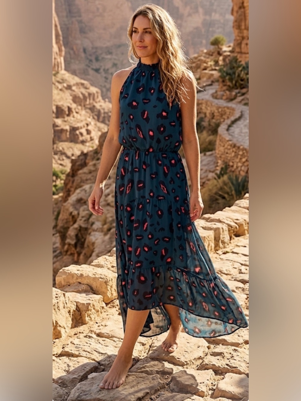 Pretty Garden Women's High Low Halter Backless Dress Lined Leopard Size Small